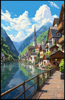 Picturesque European Lakeside Village Art Poster