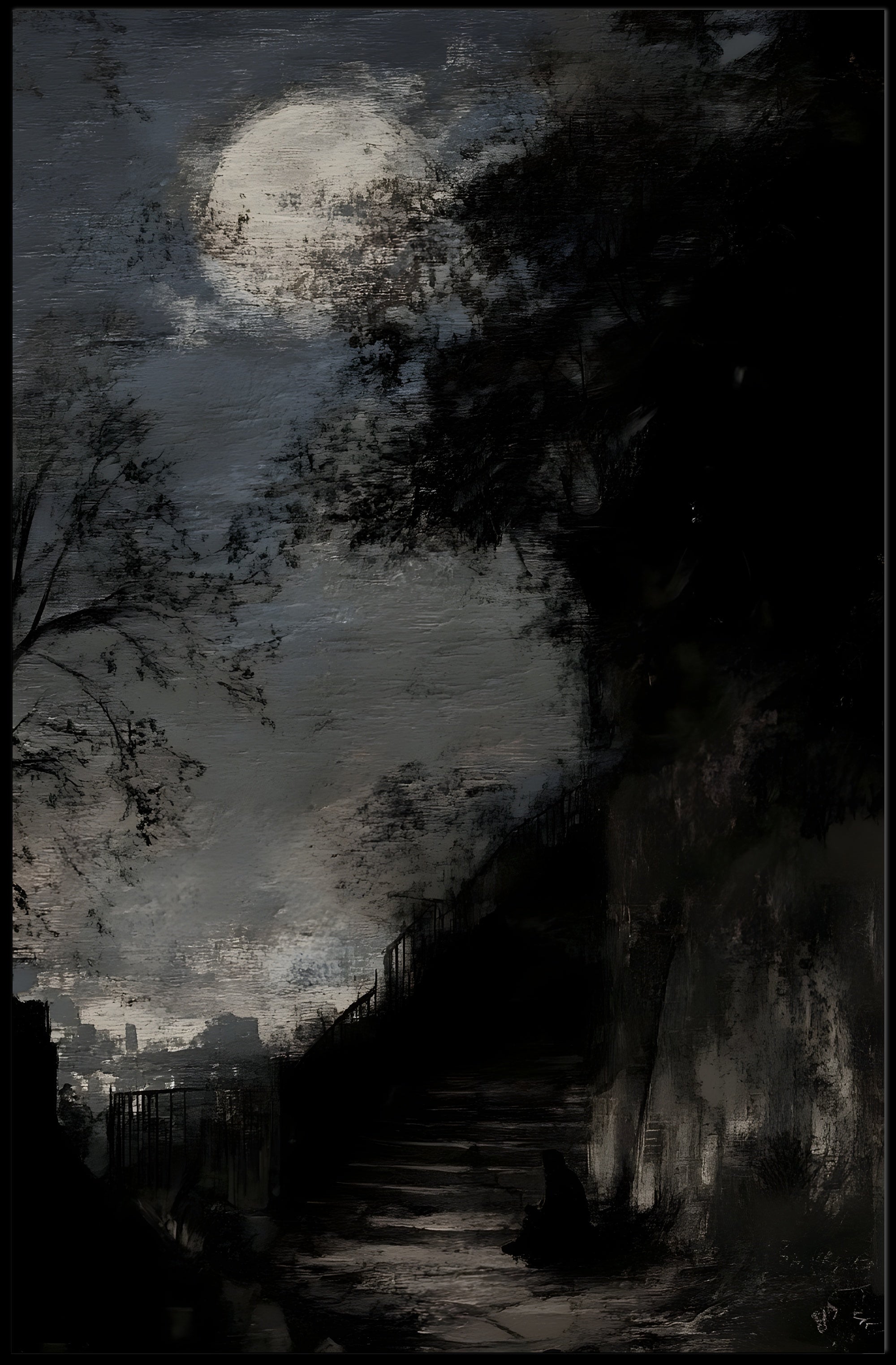 Full Moon on Haunted Staircase: Artistic Poster PosterGoat