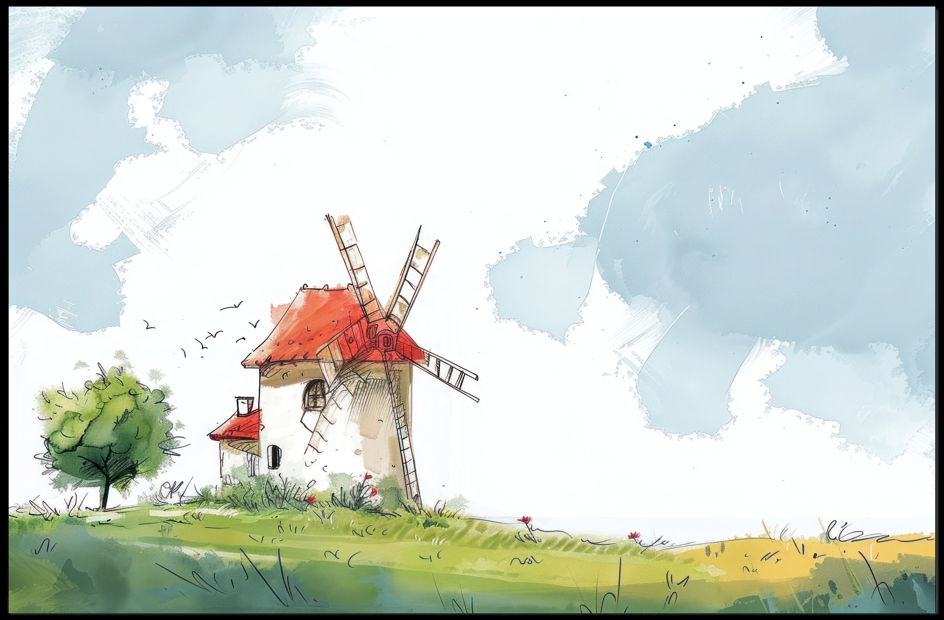 Serene Windmill Landscape Poster