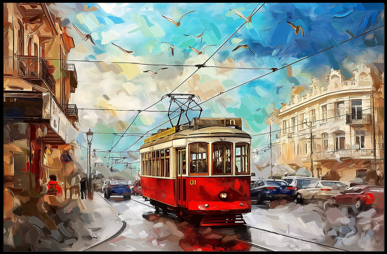 Vintage Tram Cityscape: Modern Impressionist Art Poster