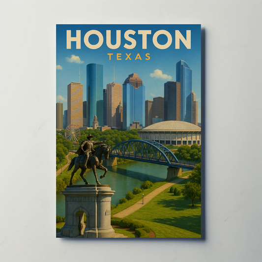 Houston Texas Skyline River Monument Vintage Travel Poster