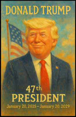 Donald Trump Dynamic Patriot Leadership Portrait Pop Art Realism Vibrant Flag Backdrop Collector Poster