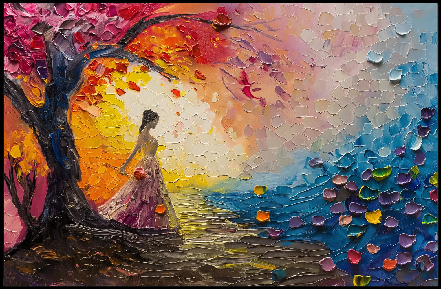 Dreamlike Woman Under Vibrant Abstract Tree Poster