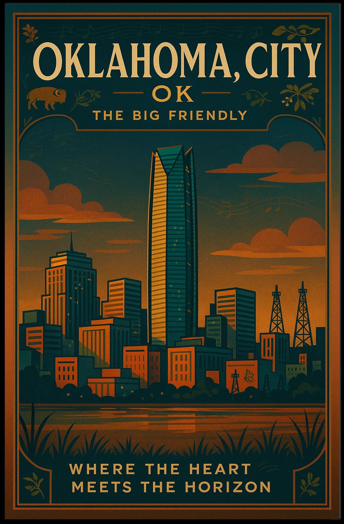 Oklahoma City Skyline Vintage Travel Poster Art