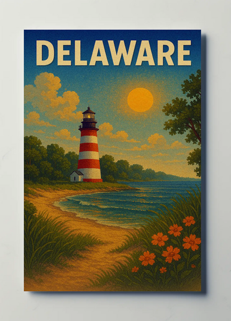 Delaware Striped Lighthouse Sunset Beach Travel Poster
