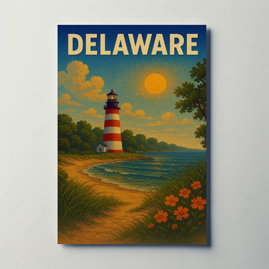 Delaware Striped Lighthouse Sunset Beach Travel Poster