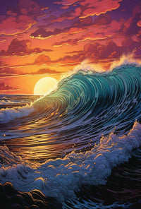 Dramatic Ocean Wave Sunset Scene Artistic Poster