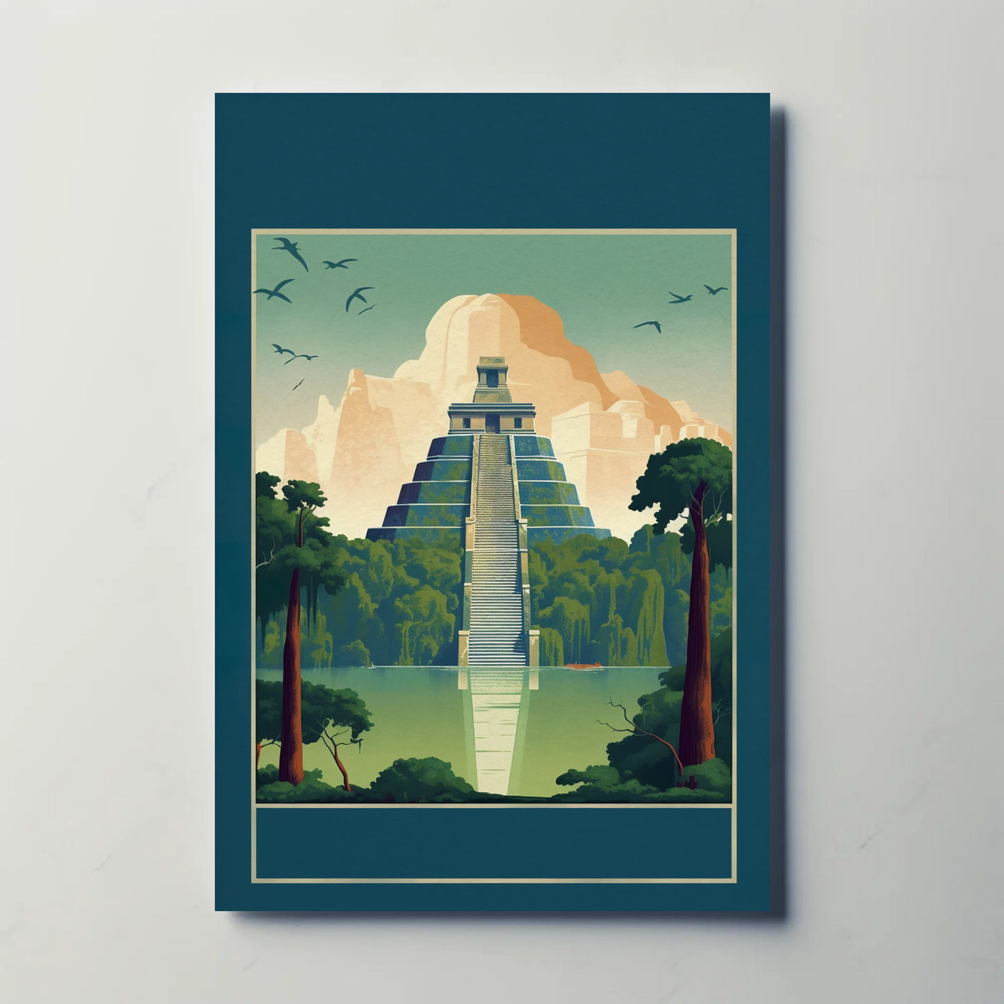 Mayan Pyramid Reflected Jungle Temple Vintage Travel Poster