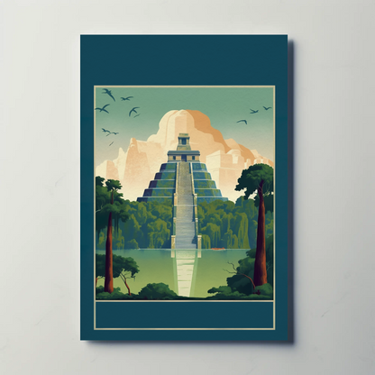 Mayan Pyramid Reflected Jungle Temple Vintage Travel Poster