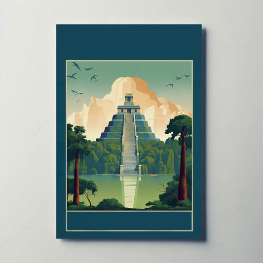 Mayan Pyramid Reflected Jungle Temple Vintage Travel Poster