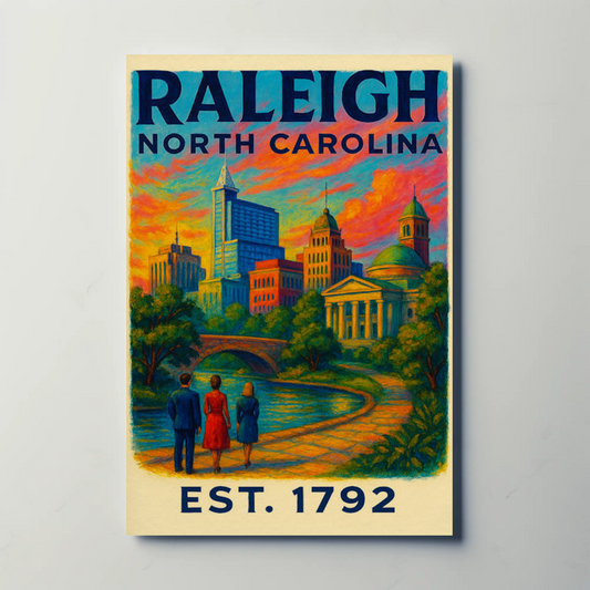 Raleigh North Carolina Skyline River Sunset Travel Poster