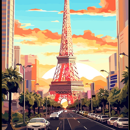 Las Vegas Cityscape with Eiffel Tower Travel Poster