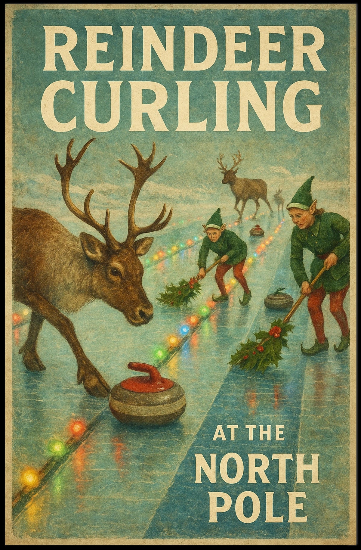 Reindeer Curling at the North Pole Poster