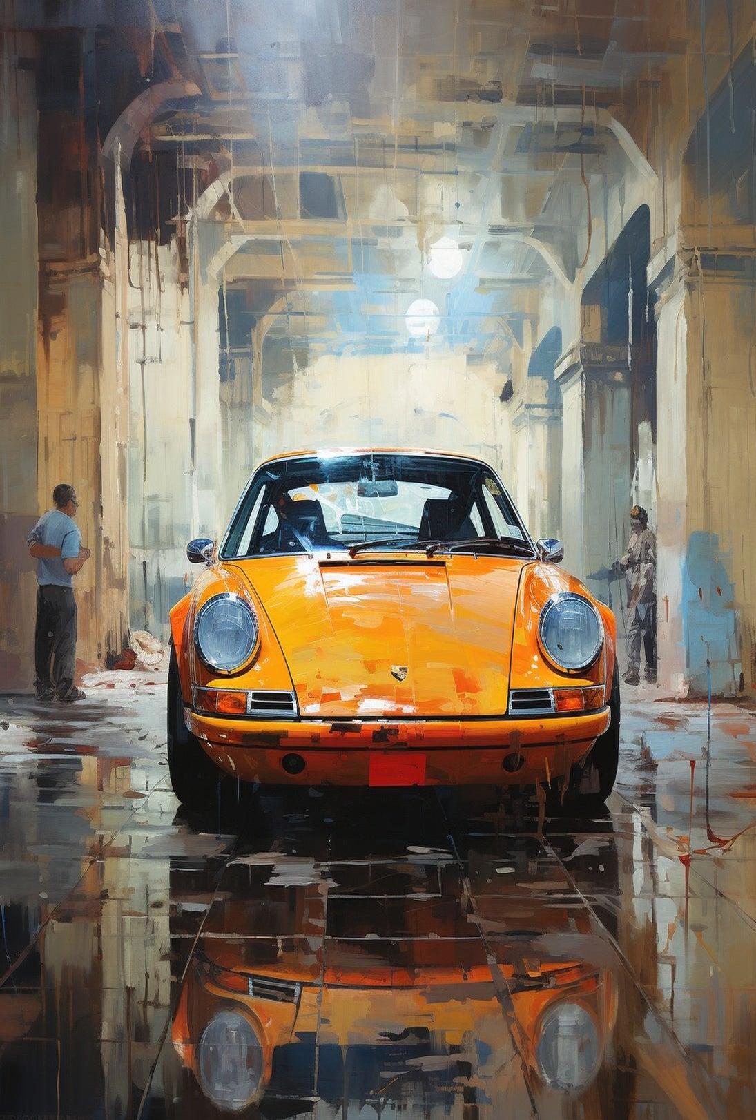 Yellow Sports Car Industrial Garage