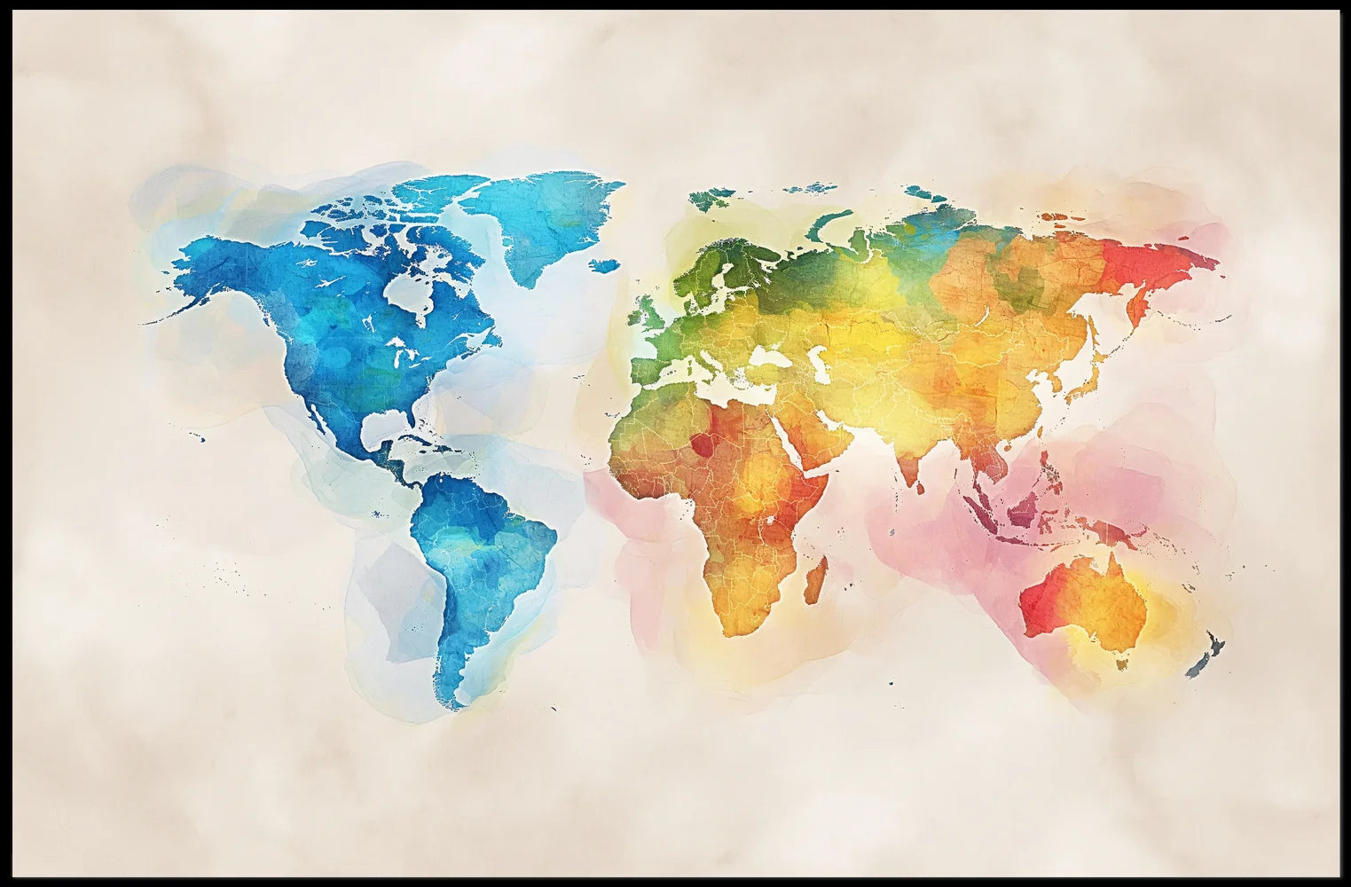 Vibrant Watercolor World Map Poster for Art Lovers