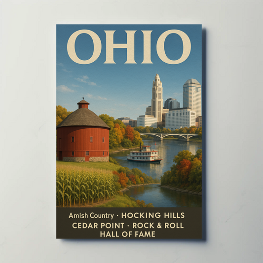 Ohio Historic Farms Cityscape River Steamboat Travel Poster