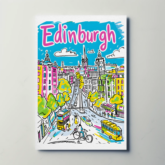 Edinburgh Scotland Colorful Cityscape Street View Travel Poster