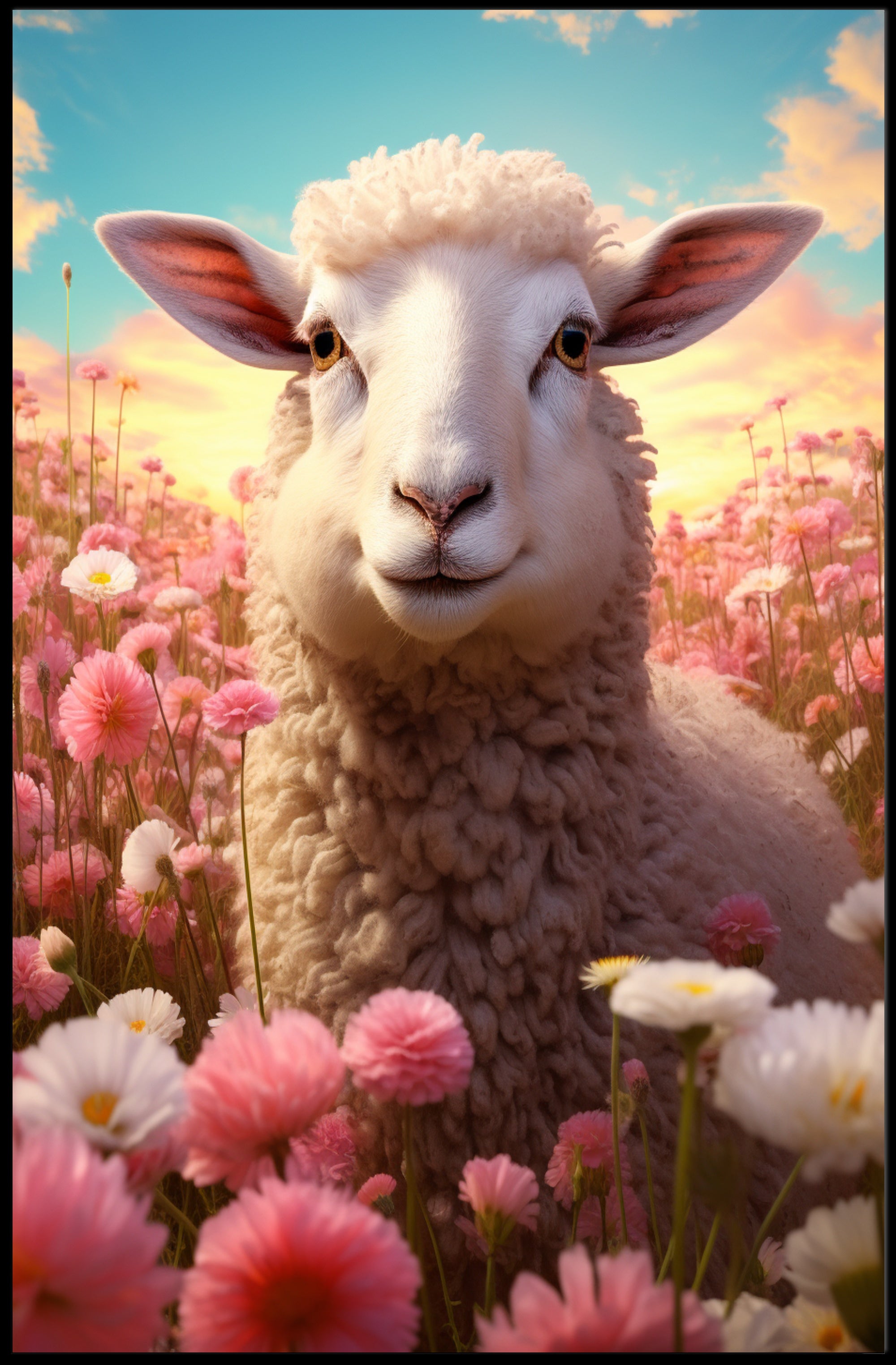 Serene Sheep In Blooming Meadow Poster PosterGoat