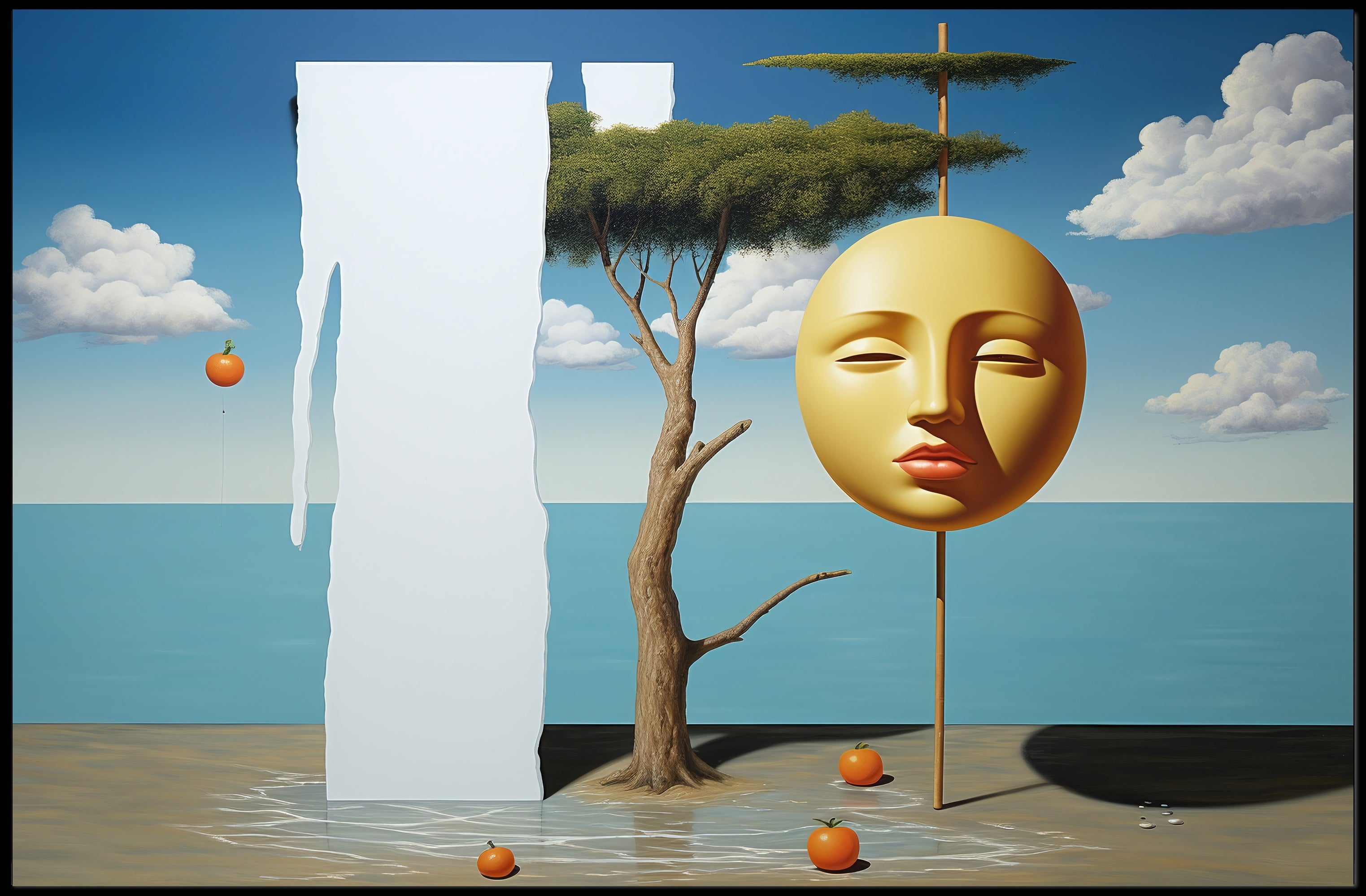 Surreal Coastal Dreamscape with Golden Mask Artistic Poster
