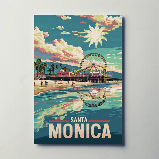 Santa Monica Reflection Ferris Wheel Beachfront Sunset Travel Poster