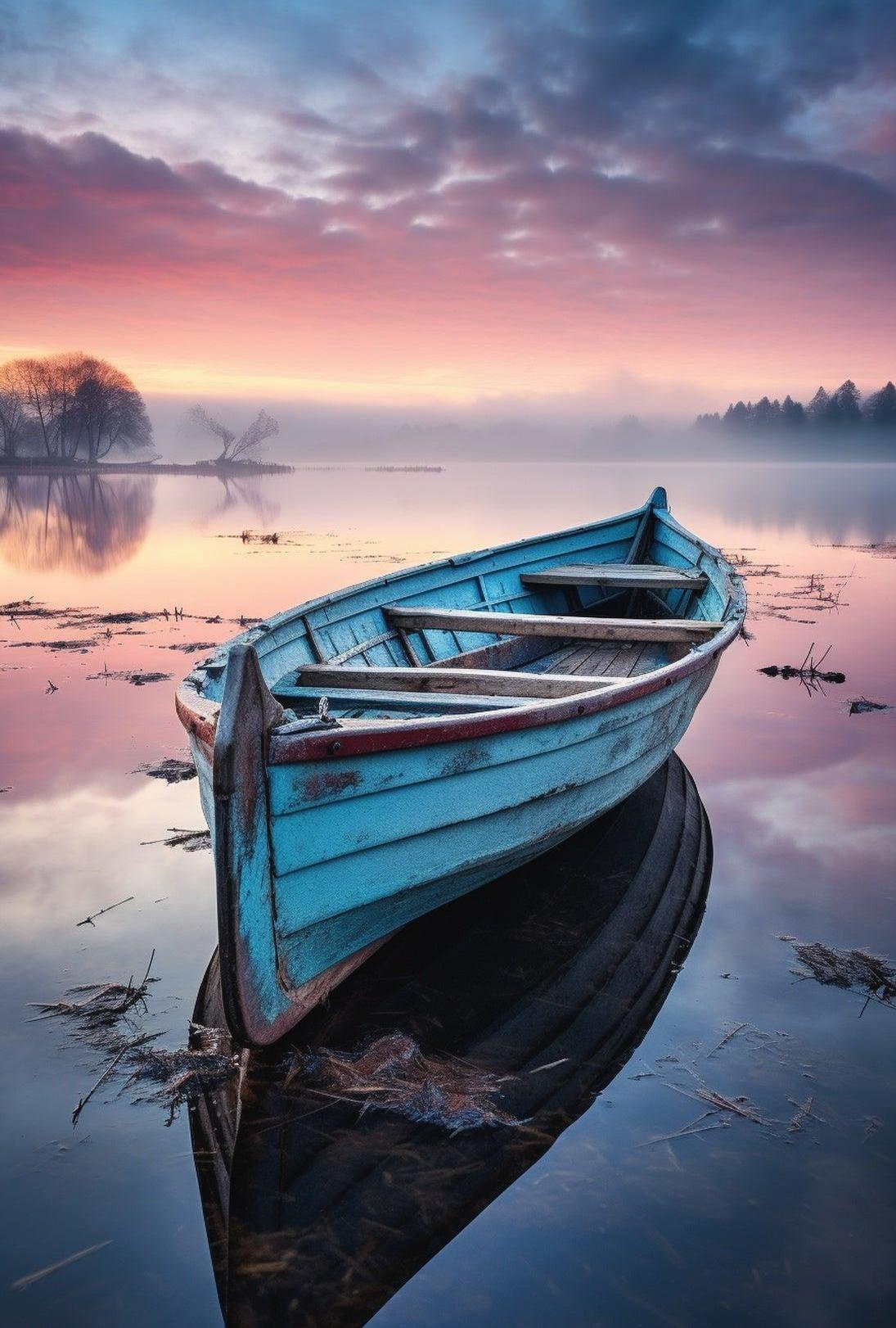 Solitary Wooden Boat on Serene Lake - Artistic Poster