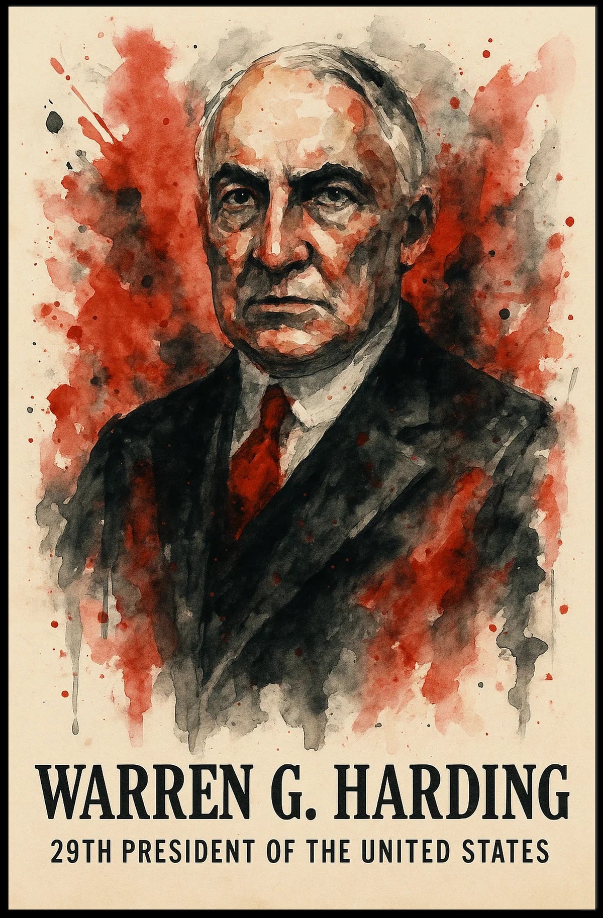 Harding Watercolor Portrait Dramatic Red - Historical or Presidential Poster