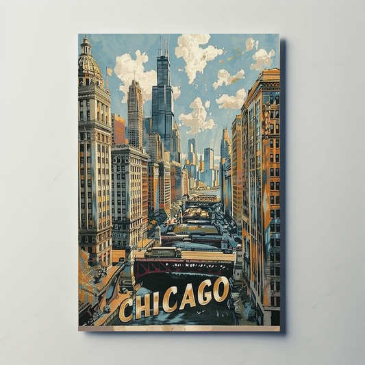Chicago Skyline River Train Architecture Cityscape Travel Poster