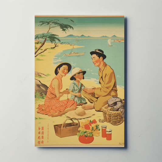 Japanese Family Picnic Seaside Summer Vintage Travel Poster