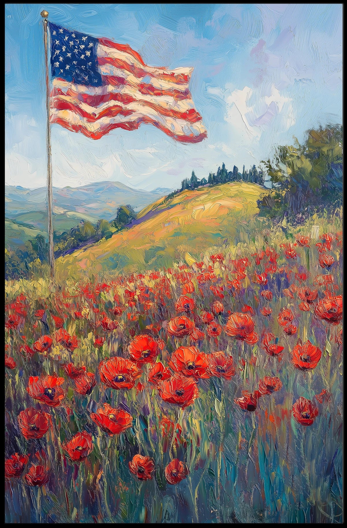 peaceful field of poppies with one large American flag Poster