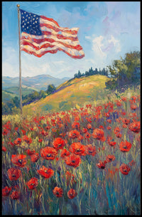 peaceful field of poppies with one large American flag Poster