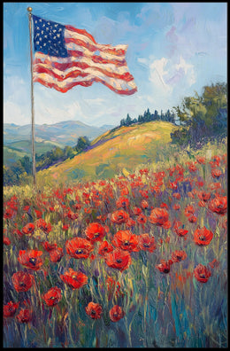 peaceful field of poppies with one large American flag Poster