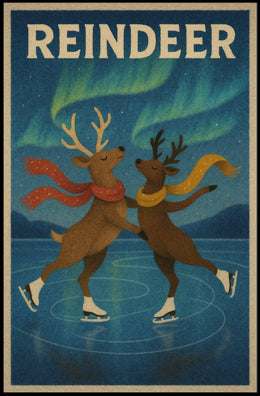 Whimsical Reindeer Ice Skating Under Northern Lights Animal Poster