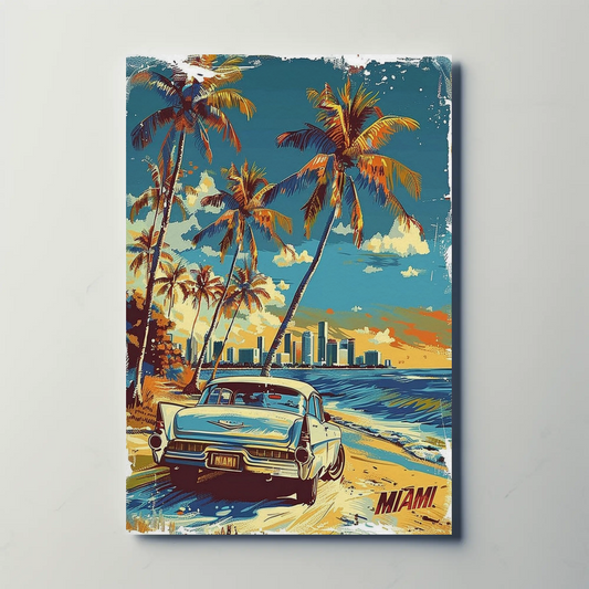 Miami Classic Car Palm Trees Beach Scene Travel Poster Travel Poster
