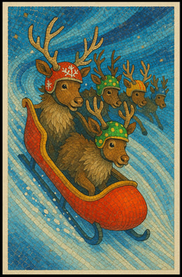 Whimsical Reindeer Sledding Festive Holiday Poster Art