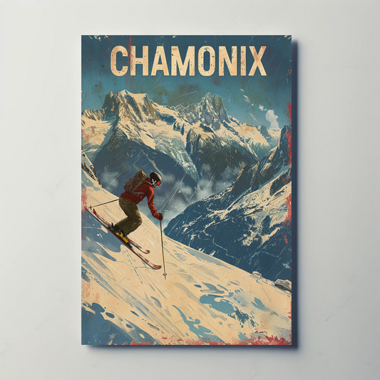 Chamonix France Skier Mountain Slope Adventure Alps Travel Poster
