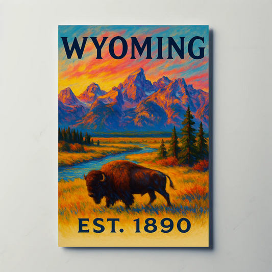 Wyoming Bison Mountains Sunset Vibrant Scenic Travel Poster