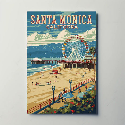 Santa Monica Pier Ferris Wheel Coastal Beach Travel Poster