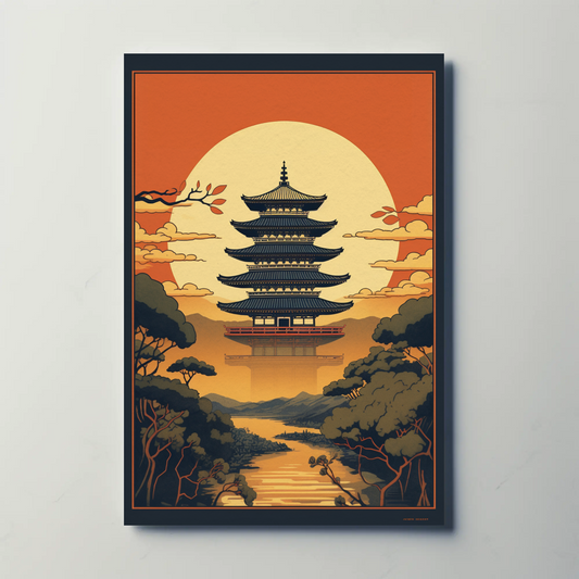 Japanese Temple Sunset Silhouette Travel Poster