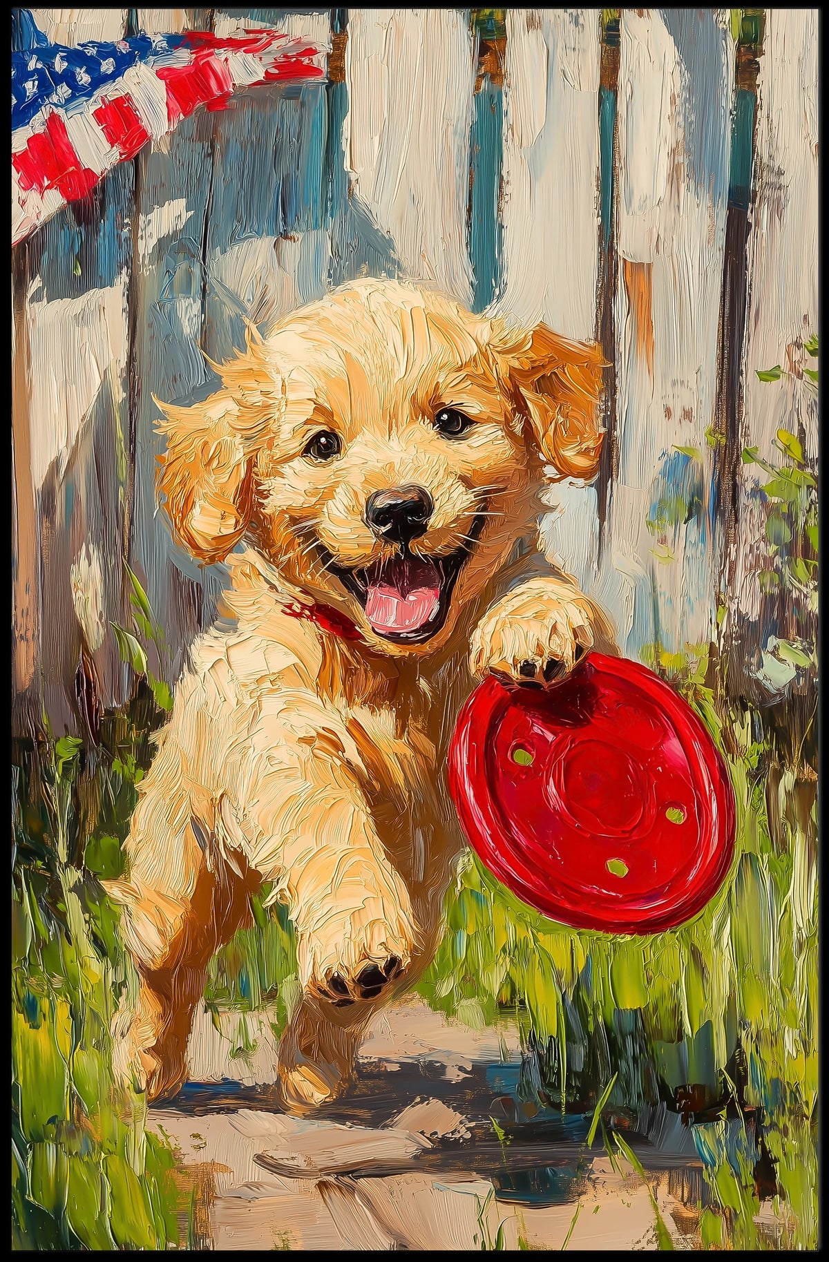 Golden Retriever Puppy Running With Red Frisbee Poster