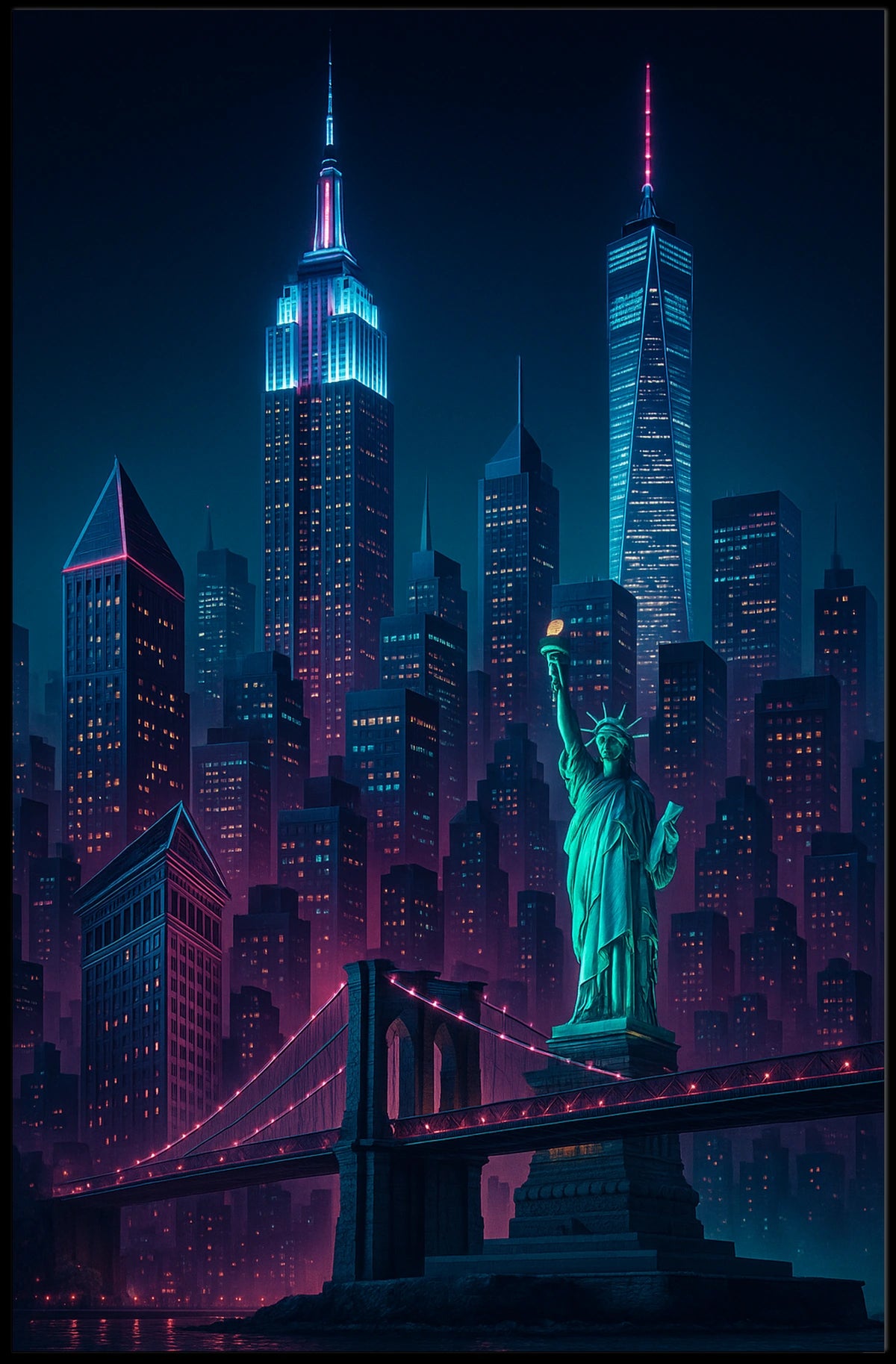 Vibrant Neon New York City Skyline Poster Modern Wall Art