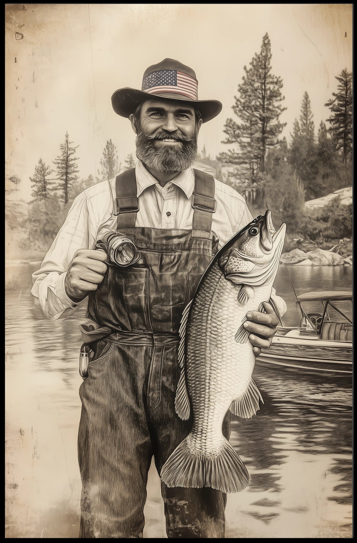 Vintage Fisherman Proudly Holds Large Bass Fishing Poster