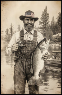 Vintage Fisherman Proudly Holds Large Bass Fishing Poster