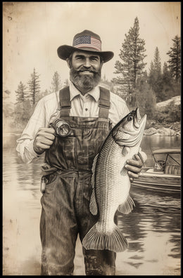 Vintage Fisherman Proudly Holds Large Bass Fishing Poster