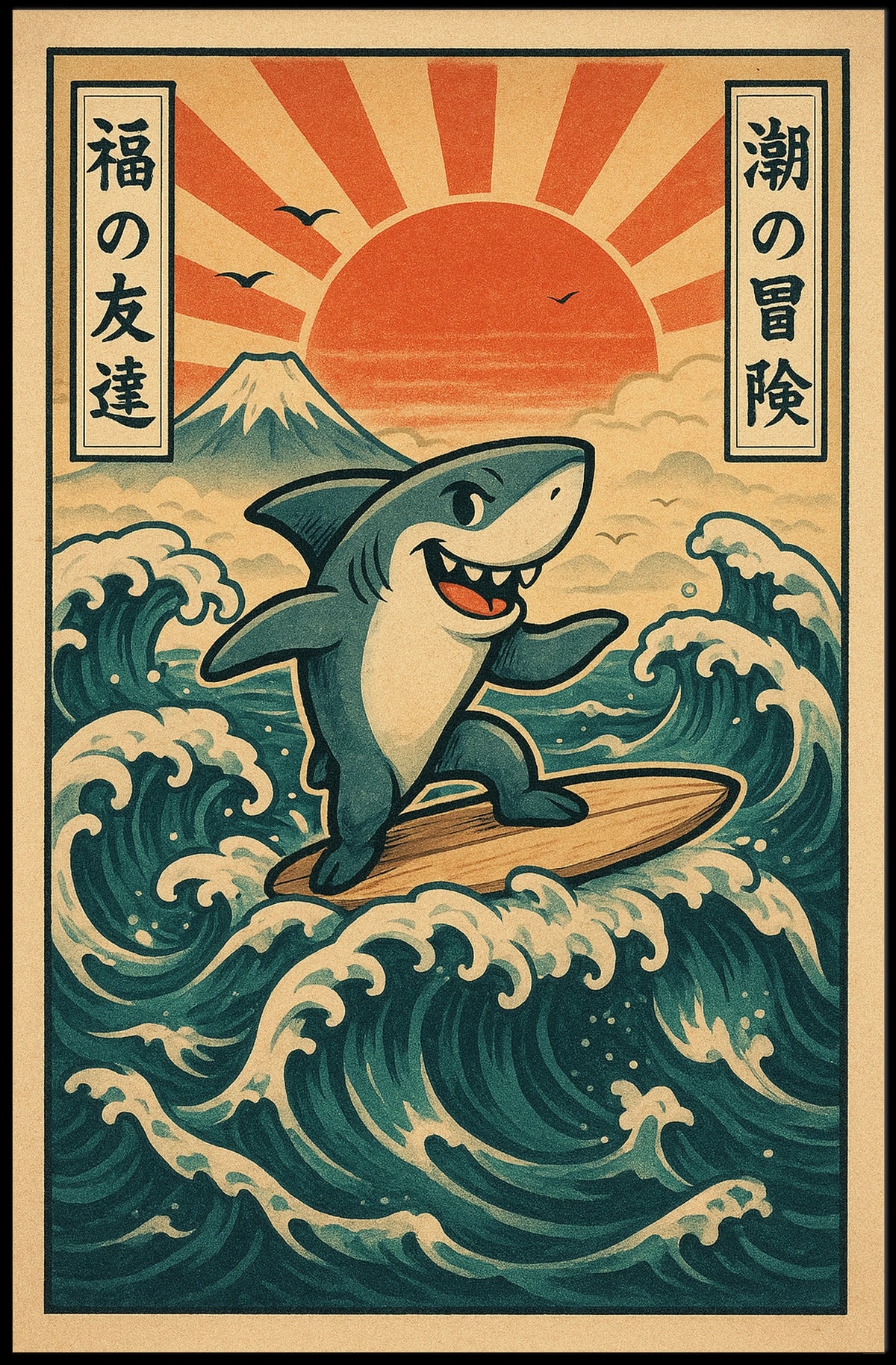Surfing Shark Japanese Sun Vintage Cartoon Poster