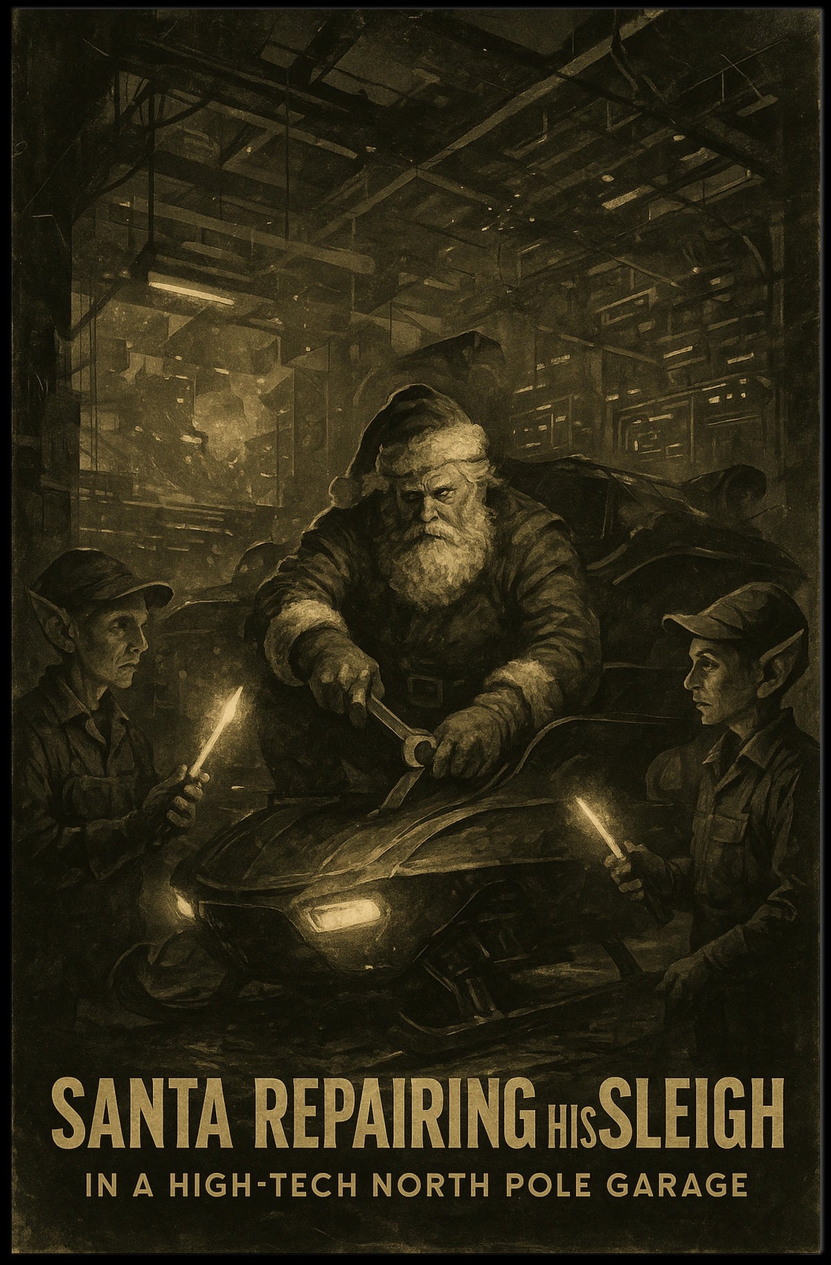Santa's Sleigh Repair: Futuristic Christmas Poster