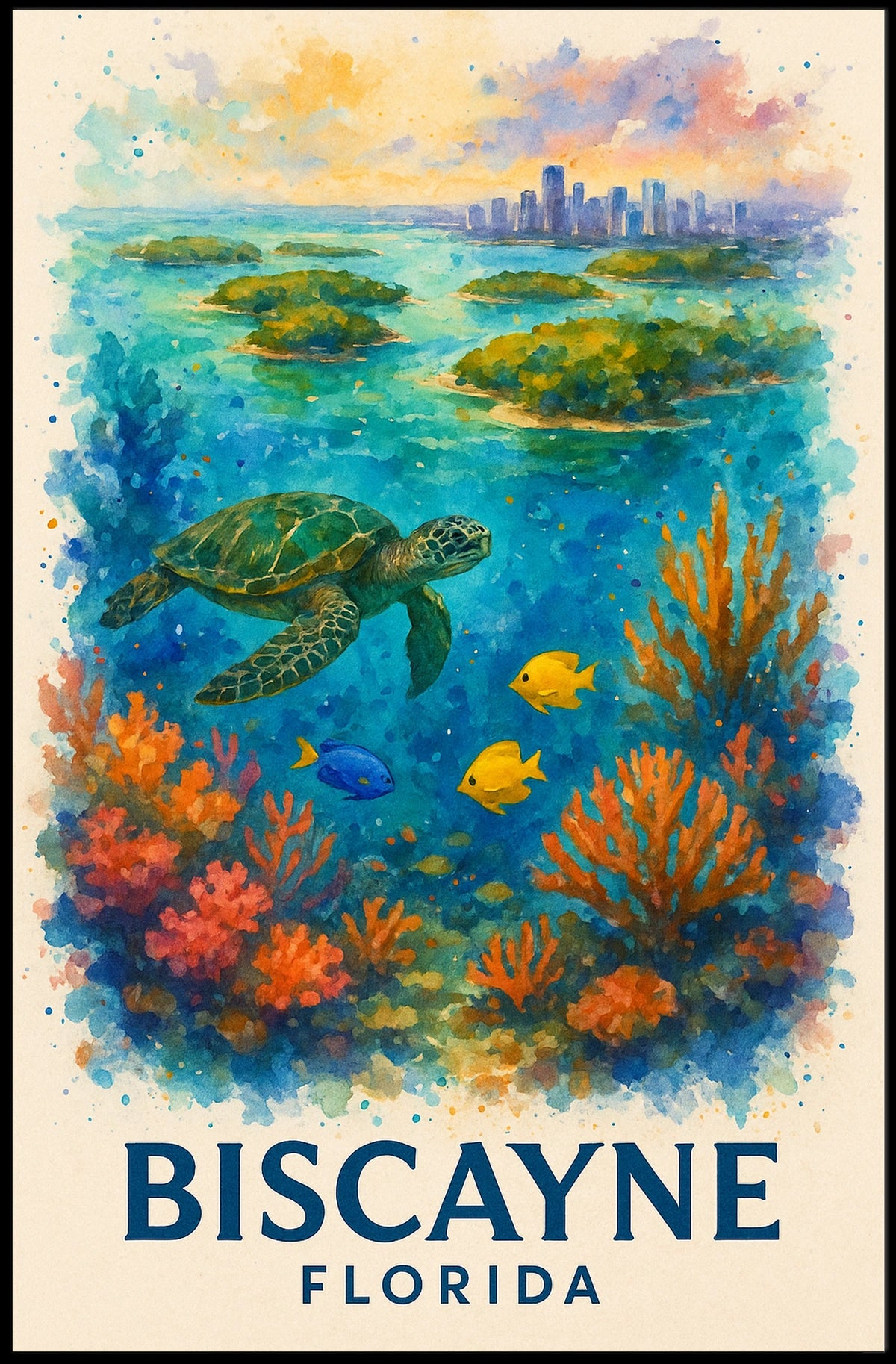Biscayne Marine Life Watercolor Poster: Florida's Beauty