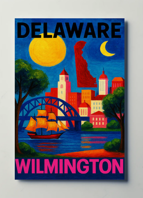 Wilmington Delaware Sailboat Bridge Skyline Travel Poster