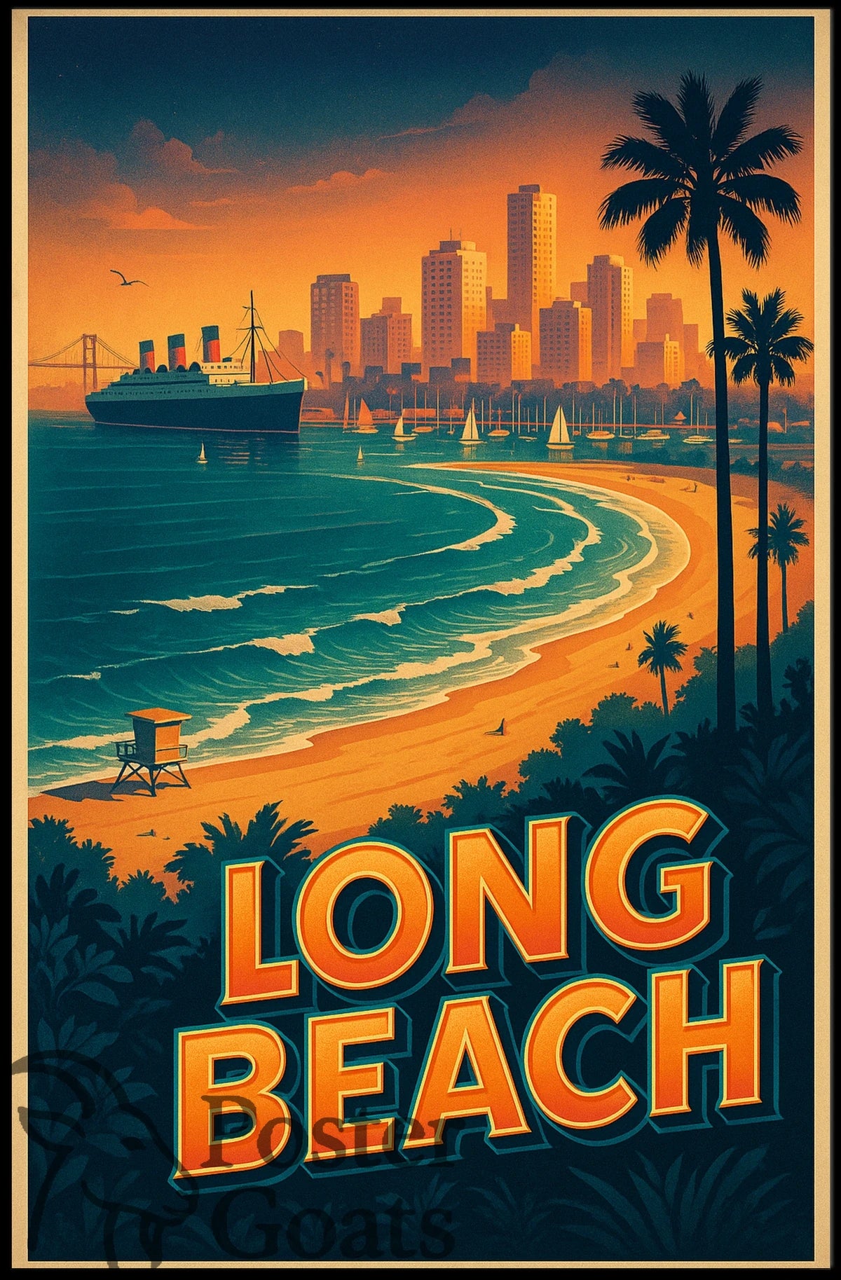 Long Beach Sunset Skyline Travel Poster