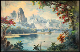 Serene Asian Landscape with Misty Mountains Poster