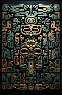 The poster features an intricate design reminiscent of Mesoamerican art, likely inspired by Travel Poster